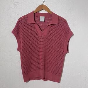 Varley Pink Crochet Open Knit Polo Top V Neck Relaxed Sweater Women's
